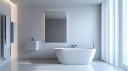 Minimalist bathroom interior with sleek fixtures and a large mirror, offering ample space for text or brandingの素材