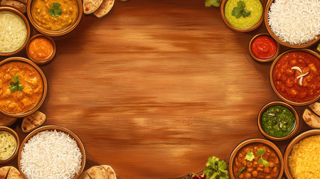 Traditional Indian food platter with rice, curries, and chutneys, arranged in a circle with space for textの素材