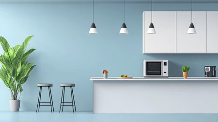 Minimalist kitchen interior with a breakfast bar, modern appliances, and copy space aroundの素材