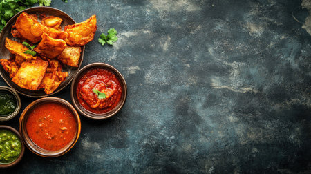 Indian food variety including pakoras, curry, and chutney, shot from above with empty space for text or designの素材