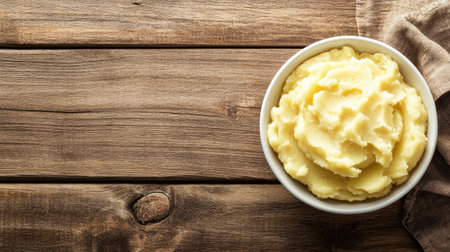 Top view of freshly prepared mashed potatoes in a white bowl on a rustic wooden table, copy space on the rightの素材