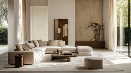 Modern living room with neutral tones and elegant furniture, showcasing stylish interior decor and ample space for copyの素材