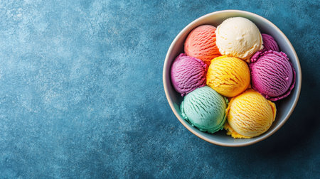 Top view of colorful of ice cream in a bowl, beautifully with space for textの素材