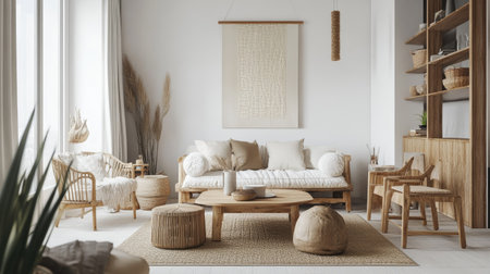 Scandinavian-style living room with natural wood furniture, neutral tones, and space for text or brandingの素材