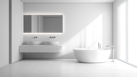 Minimalist bathroom interior with sleek fixtures and clean lines, providing ample space for text or designの素材