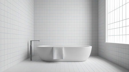 Minimalist bathroom with sleek fixtures, white tiles, and ample space for copy or brandingの素材