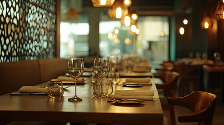 Empty dining tables in a chic South Asian restaurant, with plenty of space for text or promotional contentの素材