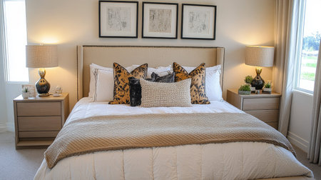 Stylish bedroom with a comfortable bed, decorative pillows, and ample space for text or brandingの素材