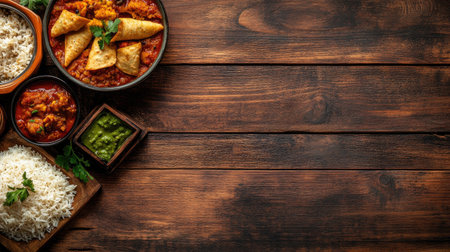 Top view of Indian food spread on a wooden table including samosas, curry, and rice, with space for text or brandingの素材