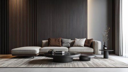 Stylish living room with a modern sofa, coffee table, and space for copy or text aroundの素材