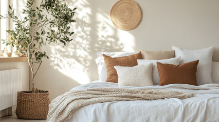 Stylish bedroom with a comfortable bed, decorative pillows, and ample space for text or brandingの素材