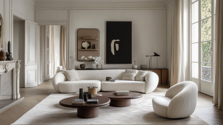Modern living room with neutral tones and elegant furniture, showcasing stylish interior decor and ample space for copyの素材