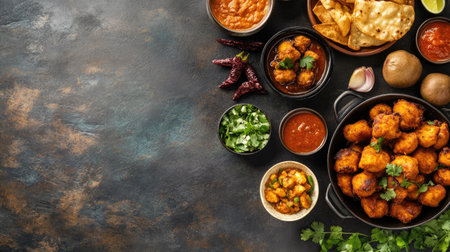 Indian food variety including pakoras, curry, and chutney, shot from above with empty space for text or designの素材