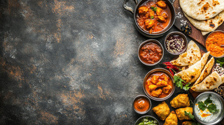Various Indian dishes like chicken tikka, samosas, and naan placed on a rustic background with space for textの素材