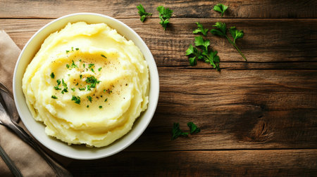 Top view of freshly prepared mashed potatoes in a white bowl on a rustic wooden table, copy space on the rightの素材