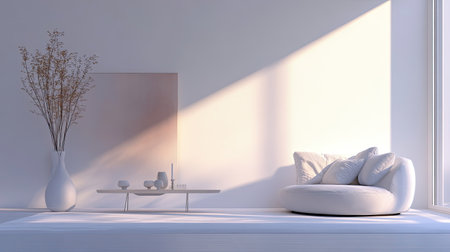 Modern living room interior with neutral tones, stylish furniture, and space for text or brandingの素材