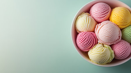 Top view of colorful of ice cream in a bowl, beautifully with space for textの素材