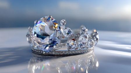 This exquisite crown, adorned with brilliant diamonds, captures light beautifully, showcasing elegance and luxury against a serene backdrop.の素材