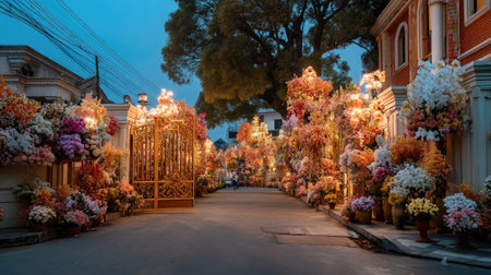 A stunning garden pathway filled with vibrant flowers illuminated by soft lights at dusk, creating a serene and magical ambiance perfect for strolls.の素材
