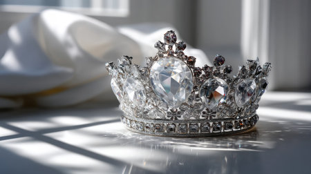 A stunning crystal crown adorned with sparkling gems rests on soft white fabric, beautifully illuminated by natural light, embodying luxury and elegance.の素材