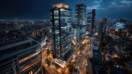 A breathtaking night view of a modern city skyline showcasing skyscrapers illuminated by vibrant lights. The scene captures urban life, architecture, and dynamic streets.の素材