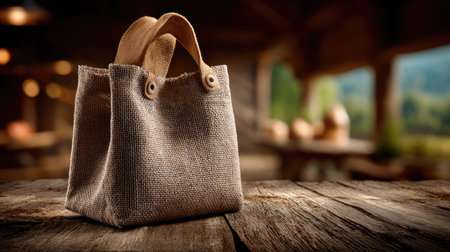 A rustic burlap bag with stylish leather handles sits atop a wooden table, creating a warm inviting atmosphere ideal for showcasing eco-friendly products and designs.の素材