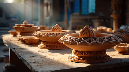 A collection of intricately designed clay bowls rests on a wooden table in an artisan workshop. Soft natural light enhances the craftsmanship details.の素材