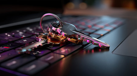 A striking close-up of keys resting on a sleek laptop keyboard, showcasing modern technology with vibrant lighting effects and a stylish appearance.の素材