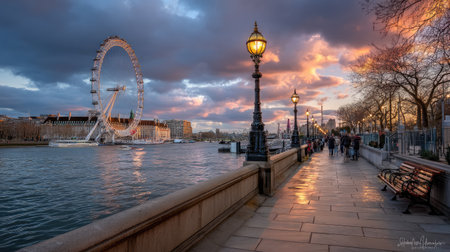A captivating sunset over the Thames River showcases the London Eye, with warm colors reflected in the water, inviting evening strolls along the riverside.の素材