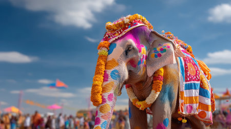 A beautifully adorned elephant takes center stage at a lively festival, showcasing vibrant colors and traditional decorations against a crowd backdrop.の素材