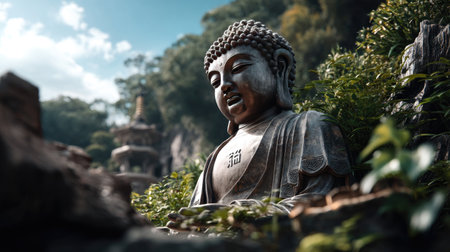 A beautifully crafted Buddha statue nestled amid lush greenery and ancient architecture, epitomizing tranquility and serenity. Perfect for nature and spirituality themes.の素材