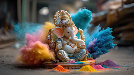A beautifully crafted statue of Lord Ganesha is surrounded by vibrant colored powders, symbolizing joy and celebration during a Hindu festival, evoking a sense of spirituality and cultural pride.の素材