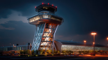 This stunning image captures a modern airport control tower illuminated at night, featuring innovative architecture against a dramatic sky, symbolizing aviation technology.の素材