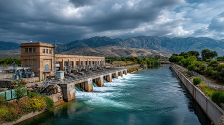 A stunning view of a hydroelectric dam situated beside a flowing river, surrounded by majestic mountains and dramatic clouds, showcasing nature's beauty.の素材