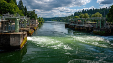 The image showcases a beautiful hydraulic dam on a serene river, highlighting the interaction of water and nature with vibrant greenery and a peaceful atmosphere.の素材