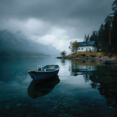 A tranquil lakeside scene featuring a solitary boat floating near a picturesque house, surrounded by misty mountains and calm waters, ideal for relaxation.の素材