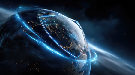 This stunning image features a view of Earth encircled by a glowing blue shield, symbolizing protection and security in a digital world filled with innovation.の素材