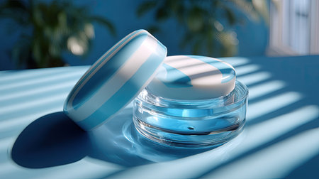 Two chic blue and white cosmetic jars are positioned on a blue surface, showcasing their elegant design and the cream inside. Natural light creates soft shadows.の素材