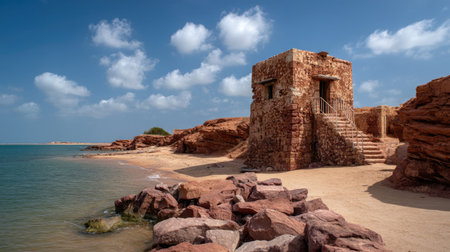 A stunning view of an ancient coastal tower standing proudly on the rocky shores, framed by a serene sea and a bright blue sky filled with clouds.の素材