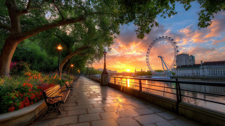 A stunning sunset illuminates the riverside walkway adorned with colorful flowers and the iconic London Eye in the background, creating a serene atmosphere.の素材