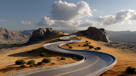 Stunning landscape featuring a winding road that gracefully navigates through mountainous terrain under a dramatic sky, creating a peaceful and adventurous scene.の素材
