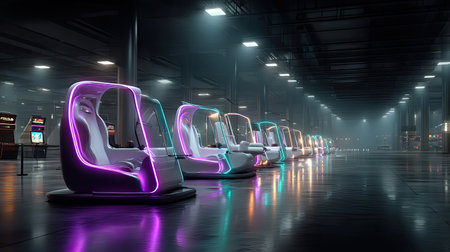 This captivating image showcases futuristic gaming pods adorned with neon lights in a sleek arcade setting, highlighting modern entertainment innovation.の素材