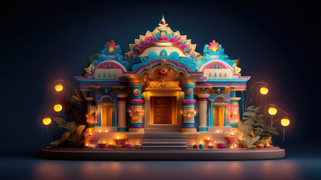 A stunning colorful model of a traditional building with intricate designs, glowing lanterns, and vibrant decorations creates a festive atmosphere.の素材