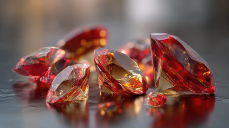 Stunning red gems scattered across a reflective surface, showcasing their brilliant facets and enchanting colors, perfect for luxury and elegance themes.の素材