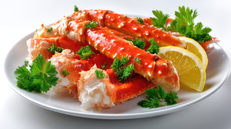 A mouthwatering display of fresh crab claws garnished with green herbs and lemon slices, perfect for a gourmet dining experience or a festive gathering.の素材