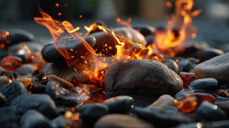 A mesmerizing close-up of flames dancing over smooth stones and sparkling amber gems, creating a vibrant and tranquil natural scene filled with warmth and beauty.の素材