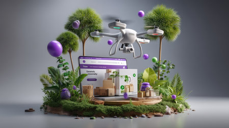 A modern drone delivery system is showcased amidst vibrant greenery and digital interfaces, illustrating the future of e-commerce and innovative logistics solutions.の素材