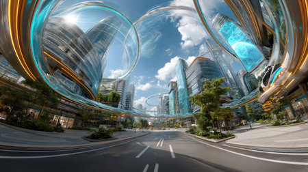 Experience a stunning futuristic urban landscape featuring advanced architecture and innovative transport systems, seamlessly integrating nature with technology.の素材