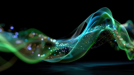 This captivating abstract image features vibrant waves in blue and green hues, intertwined with shimmering light particles, creating an enchanting digital art background.の素材