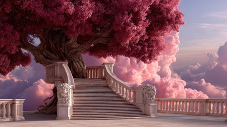Experience the beauty of a surreal landscape featuring a majestic pink tree and a grand staircase, creating a dreamlike atmosphere in the sky.の素材